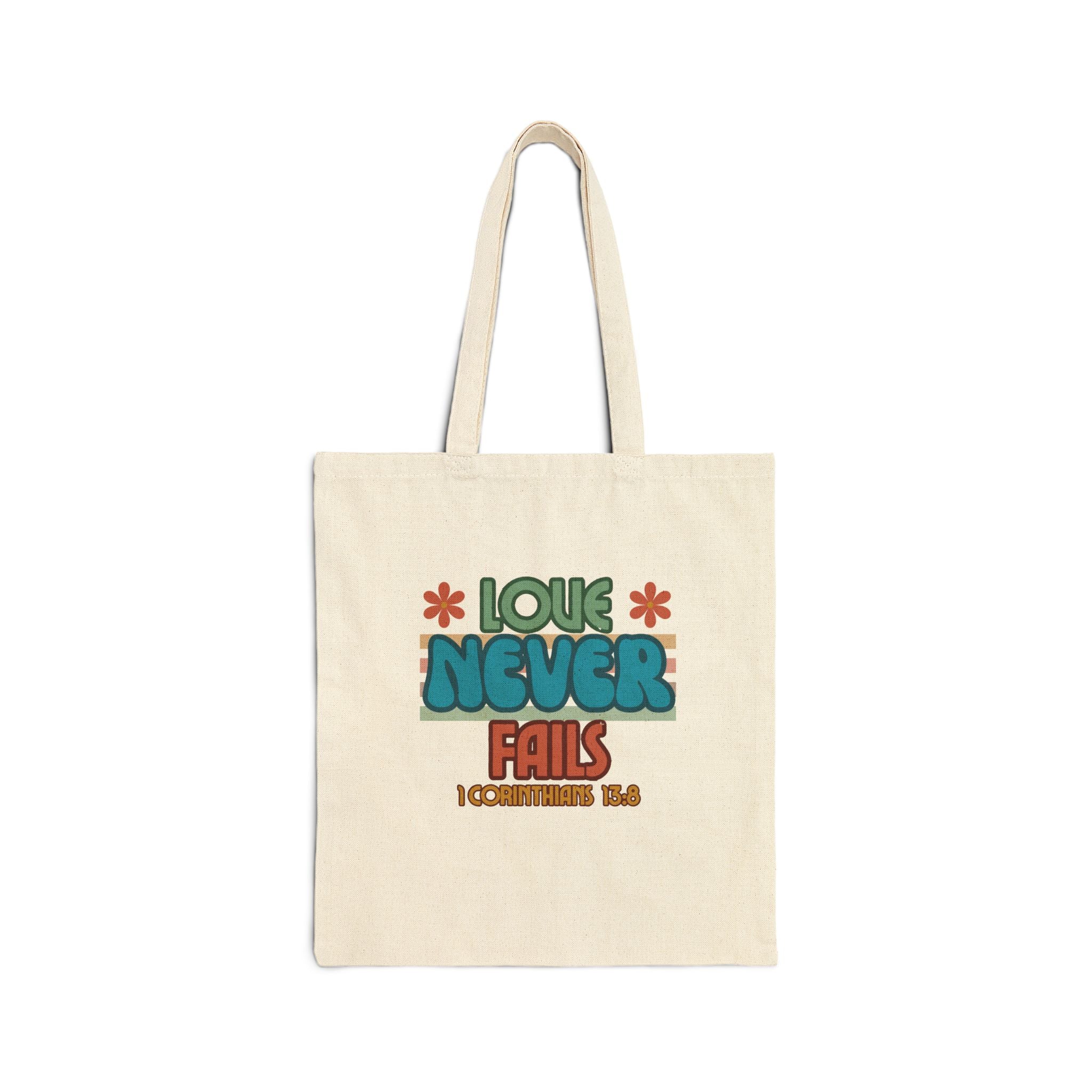 Love Never Fails Cotton Canvas Tote Bag, Eco-Friendly Grocery Bag, Reusable Shopping Tote, Gift for Christians, Bible Study Accessory