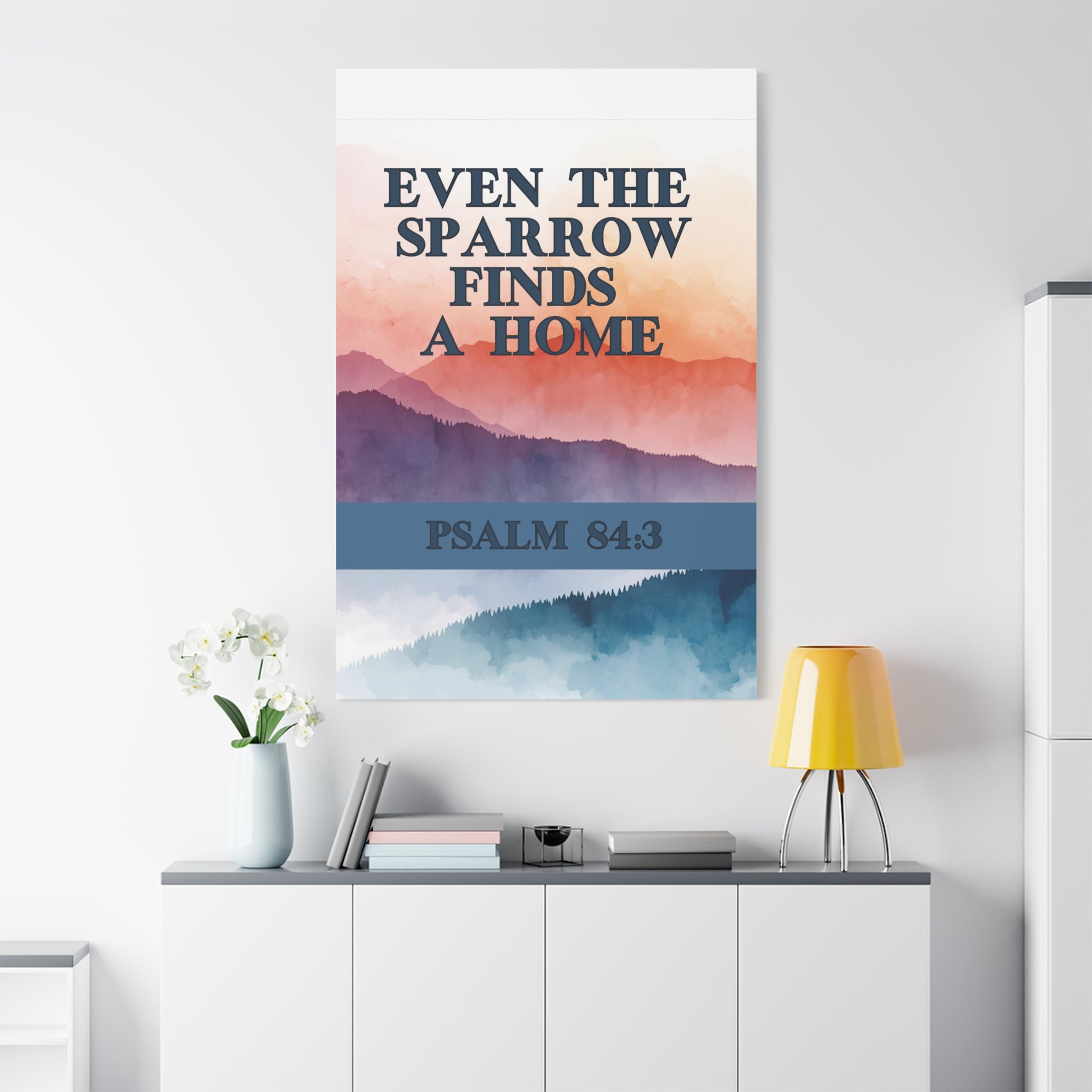 🕊️ Even the Sparrow Wall Art – Psalm 84:3 Sunset Mountain Edition