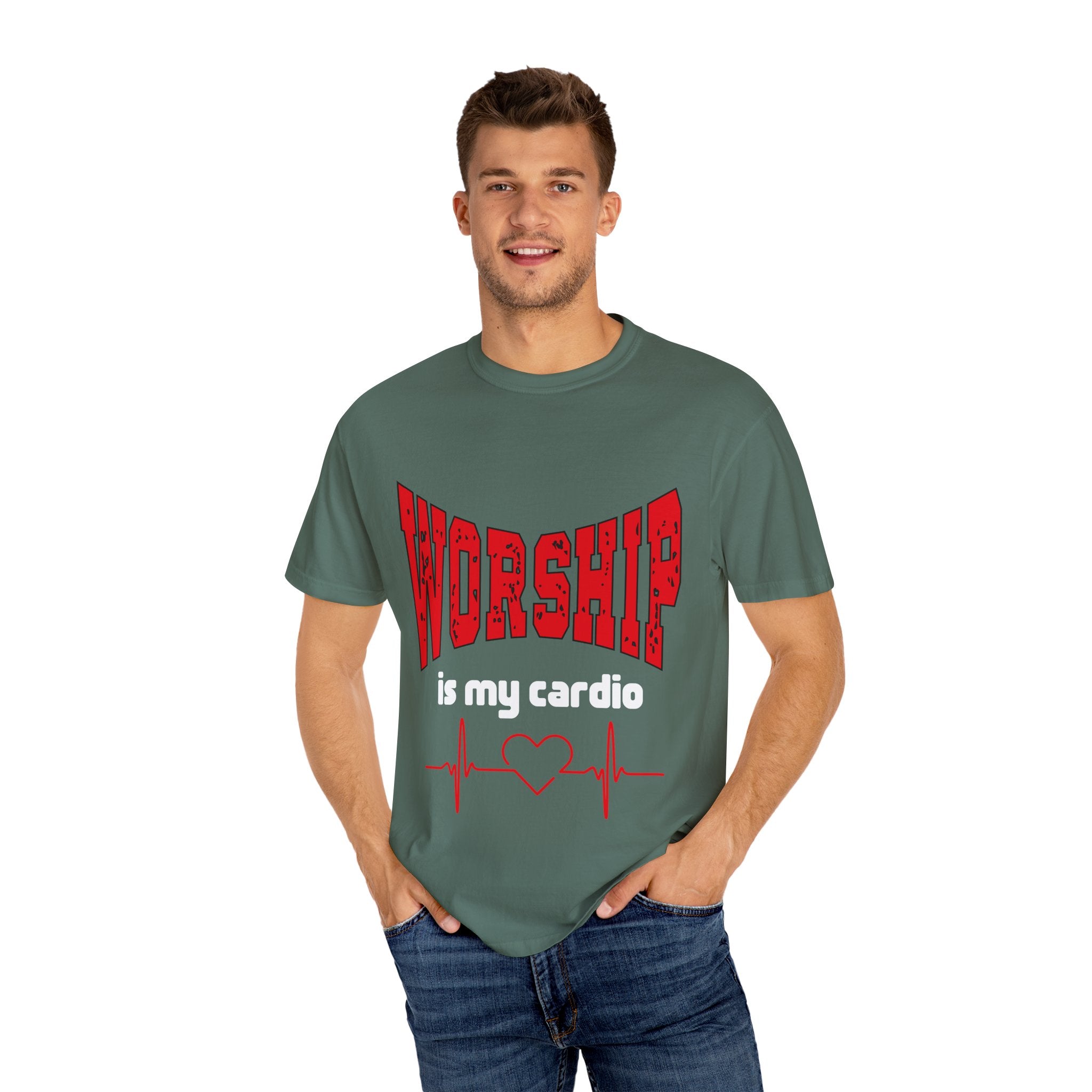 Worship Is My Cardio Dark Colors Unisex Garment-Dyed T-shirt, Christian Tshirts, Christian Merchandise, Gifts for Church, Gifts for Christmas, Gifts for Birthdays, Christian Apparel