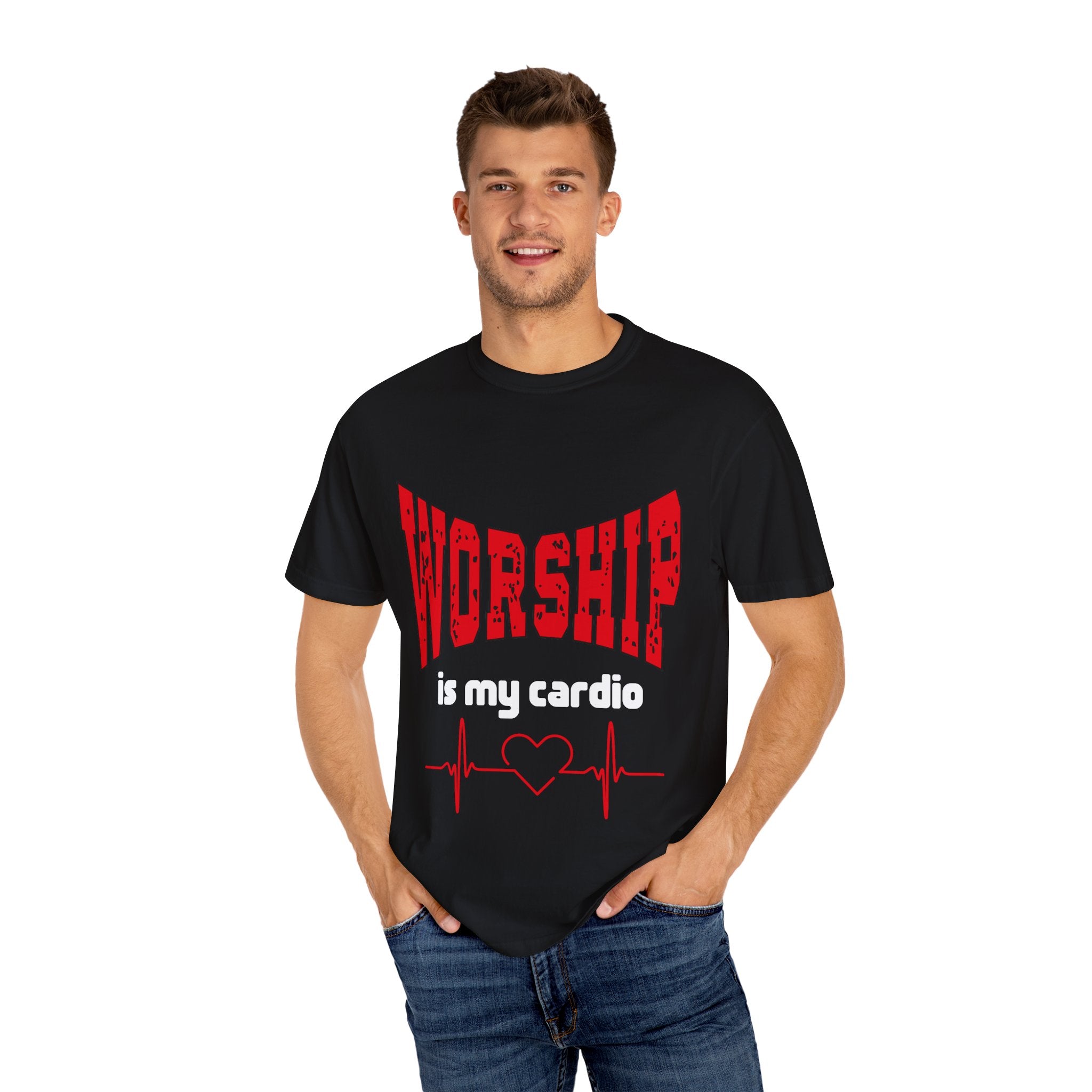Worship Is My Cardio Dark Colors Unisex Garment-Dyed T-shirt, Christian Tshirts, Christian Merchandise, Gifts for Church, Gifts for Christmas, Gifts for Birthdays, Christian Apparel