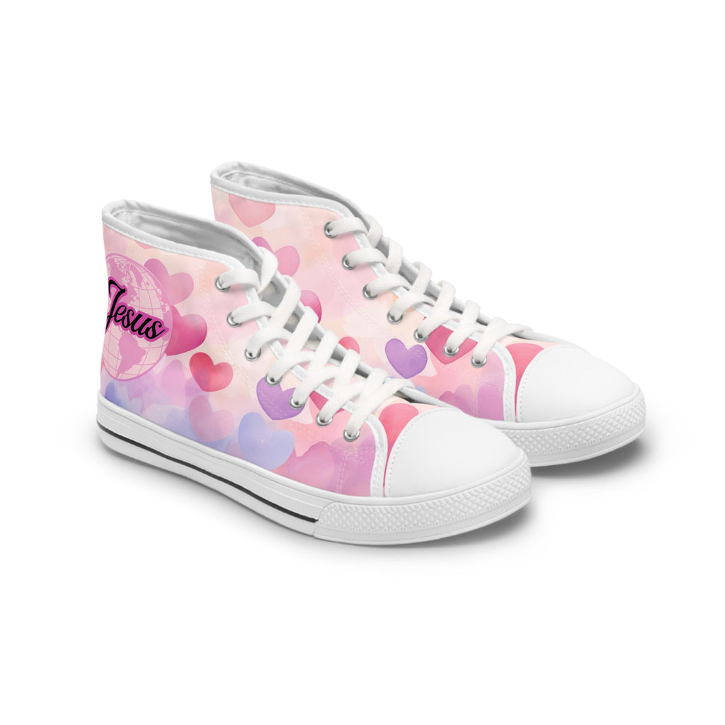 Women's High Top Sneakers — Pink Heart Pattern 'Jesus' Design
