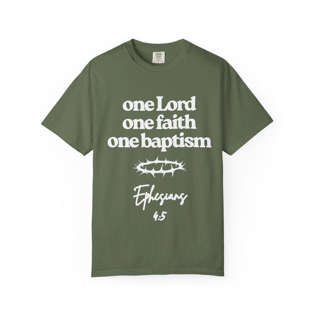 One Lord Unisex Garment-Dyed T-shirt, Christian Tshirts, Christian Merchandise, Gifts for Church, Gifts for Christmas, Gifts for Birthdays, Christian Apparel
