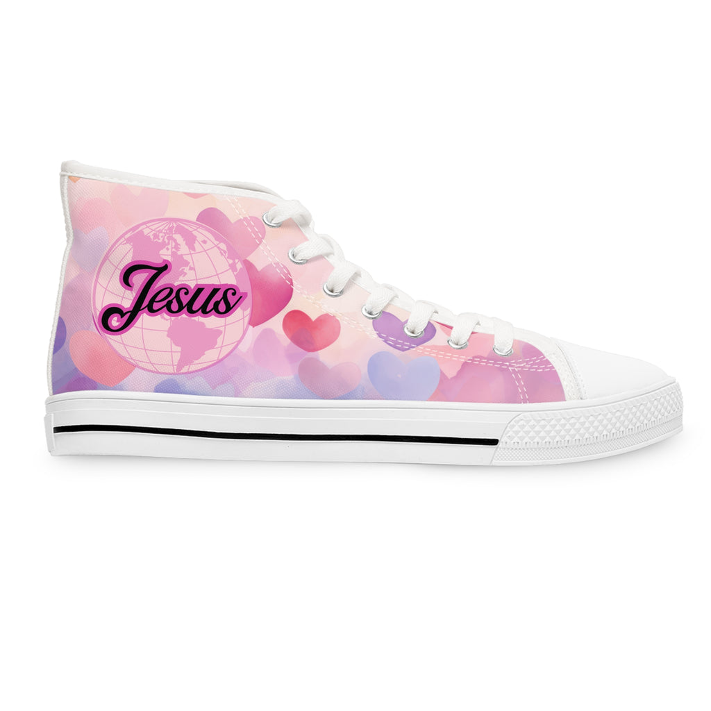 Women's High Top Sneakers — Pink Heart Pattern 'Jesus' Design