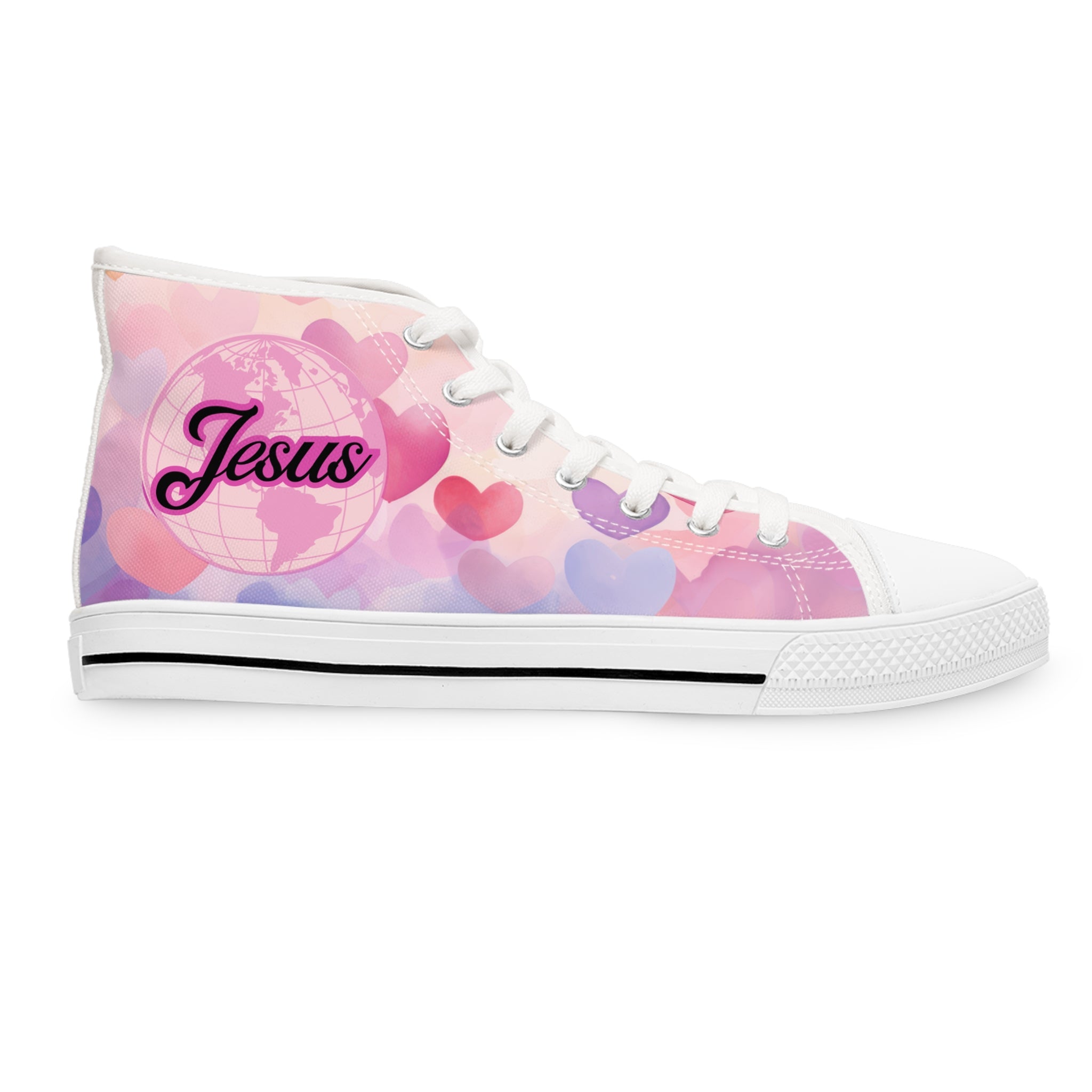 Women's High Top Sneakers — Pink Heart Pattern 'Jesus' Design