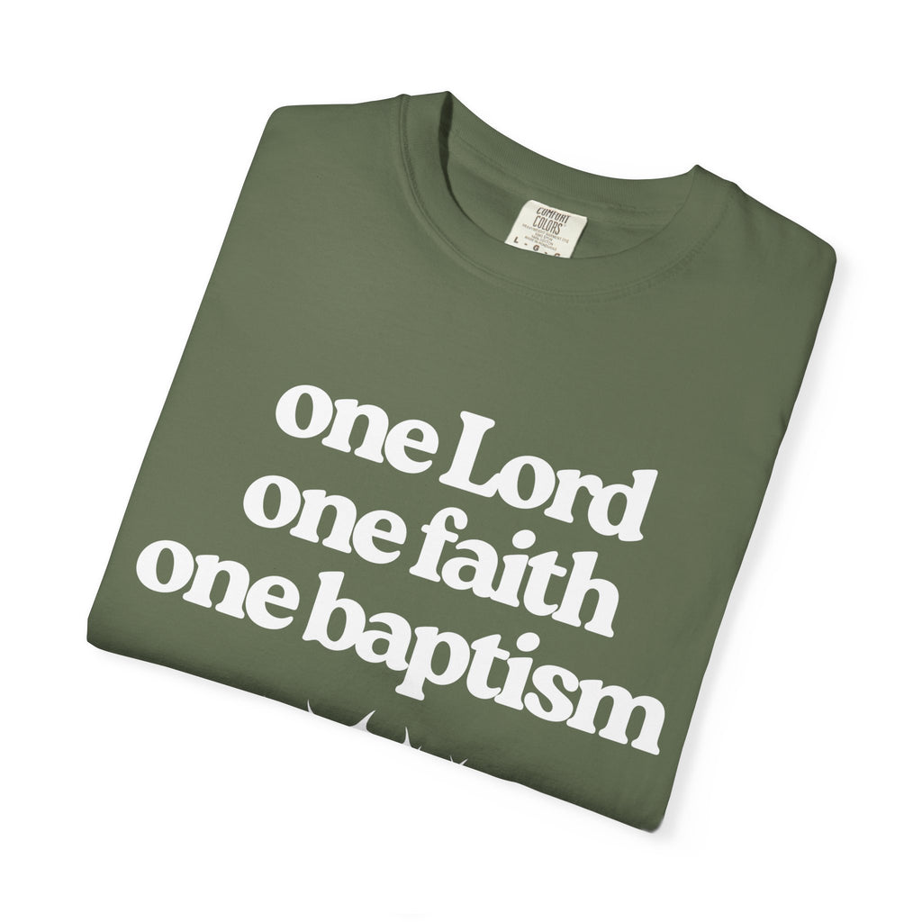 One Lord Unisex Garment-Dyed T-shirt, Christian Tshirts, Christian Merchandise, Gifts for Church, Gifts for Christmas, Gifts for Birthdays, Christian Apparel