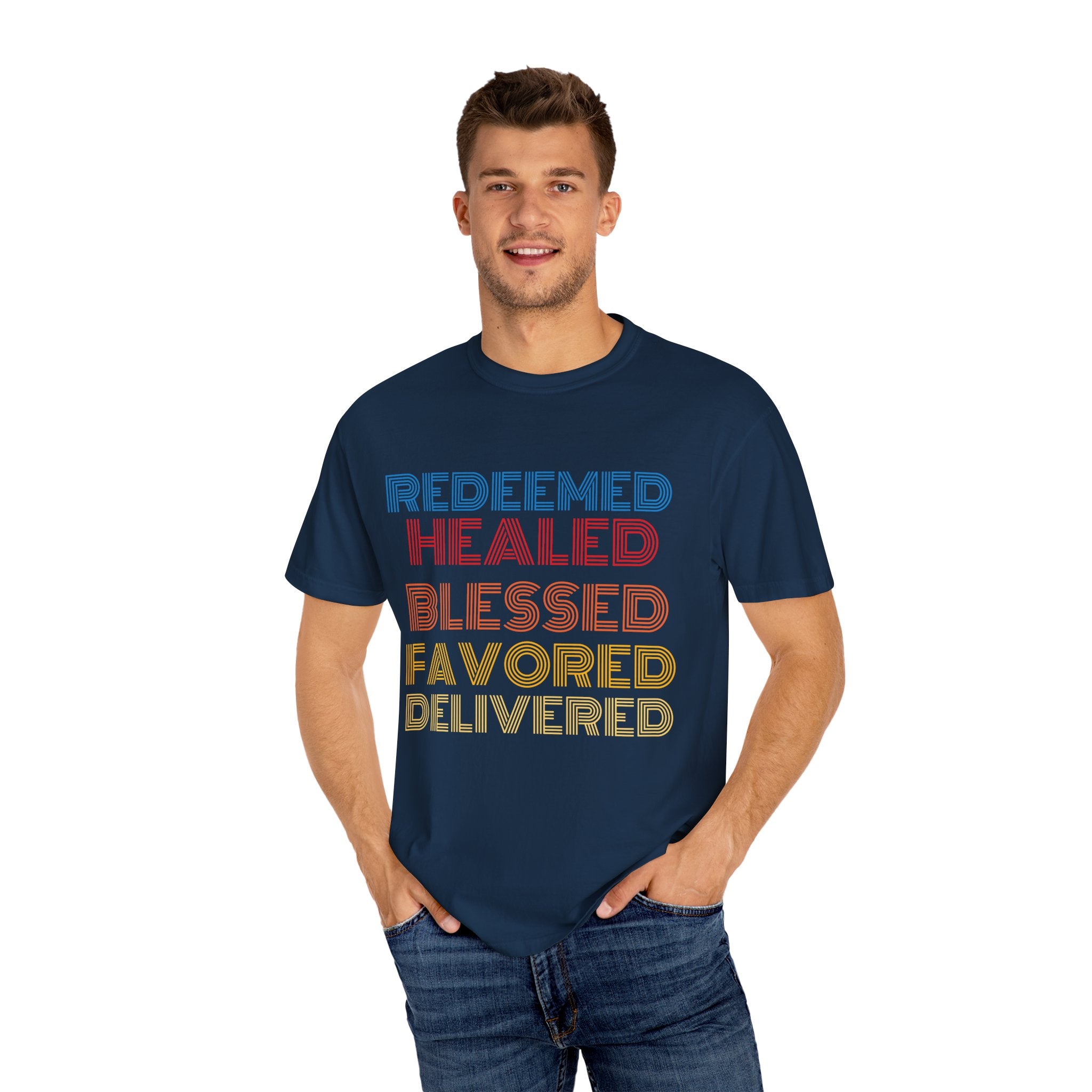 Redeemed Unisex Garment-Dyed T-shirt, Christian Tshirts, Christian Merchandise, Gifts for Church, Gifts for Christmas, Gifts for Birthdays, Christian Apparel