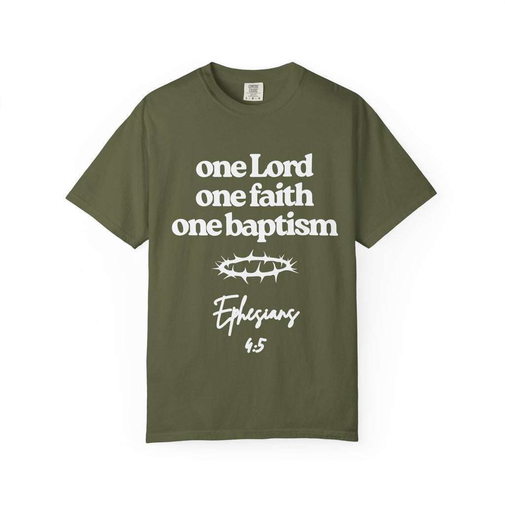 One Lord Unisex Garment-Dyed T-shirt, Christian Tshirts, Christian Merchandise, Gifts for Church, Gifts for Christmas, Gifts for Birthdays, Christian Apparel