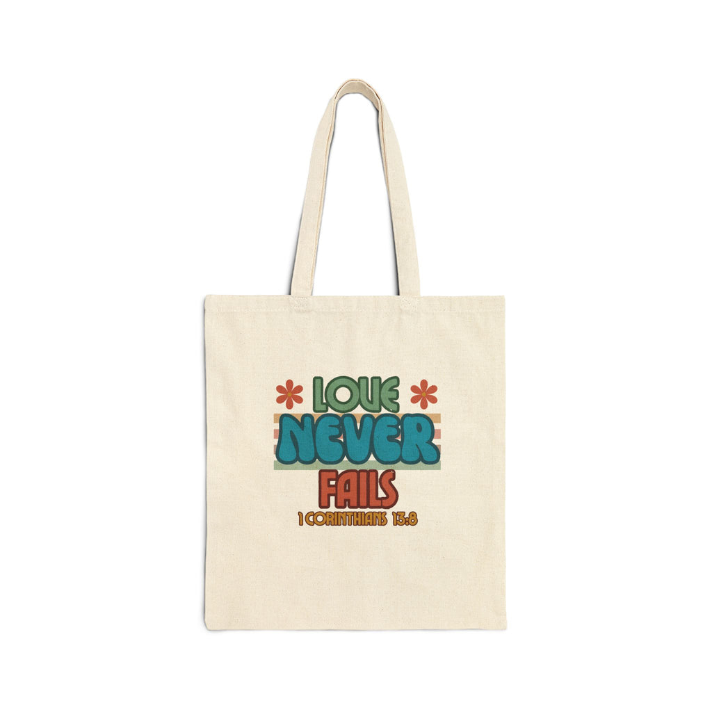 Love Never Fails Cotton Canvas Tote Bag, Eco-Friendly Grocery Bag, Reusable Shopping Tote, Gift for Christians, Bible Study Accessory