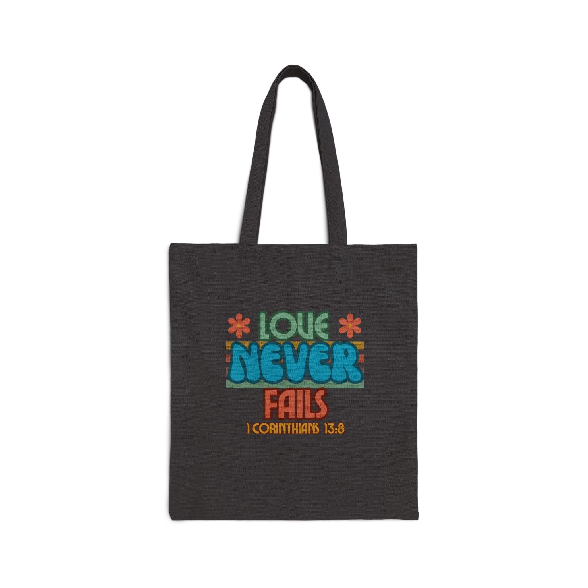 Love Never Fails Cotton Canvas Tote Bag, Eco-Friendly Grocery Bag, Reusable Shopping Tote, Gift for Christians, Bible Study Accessory