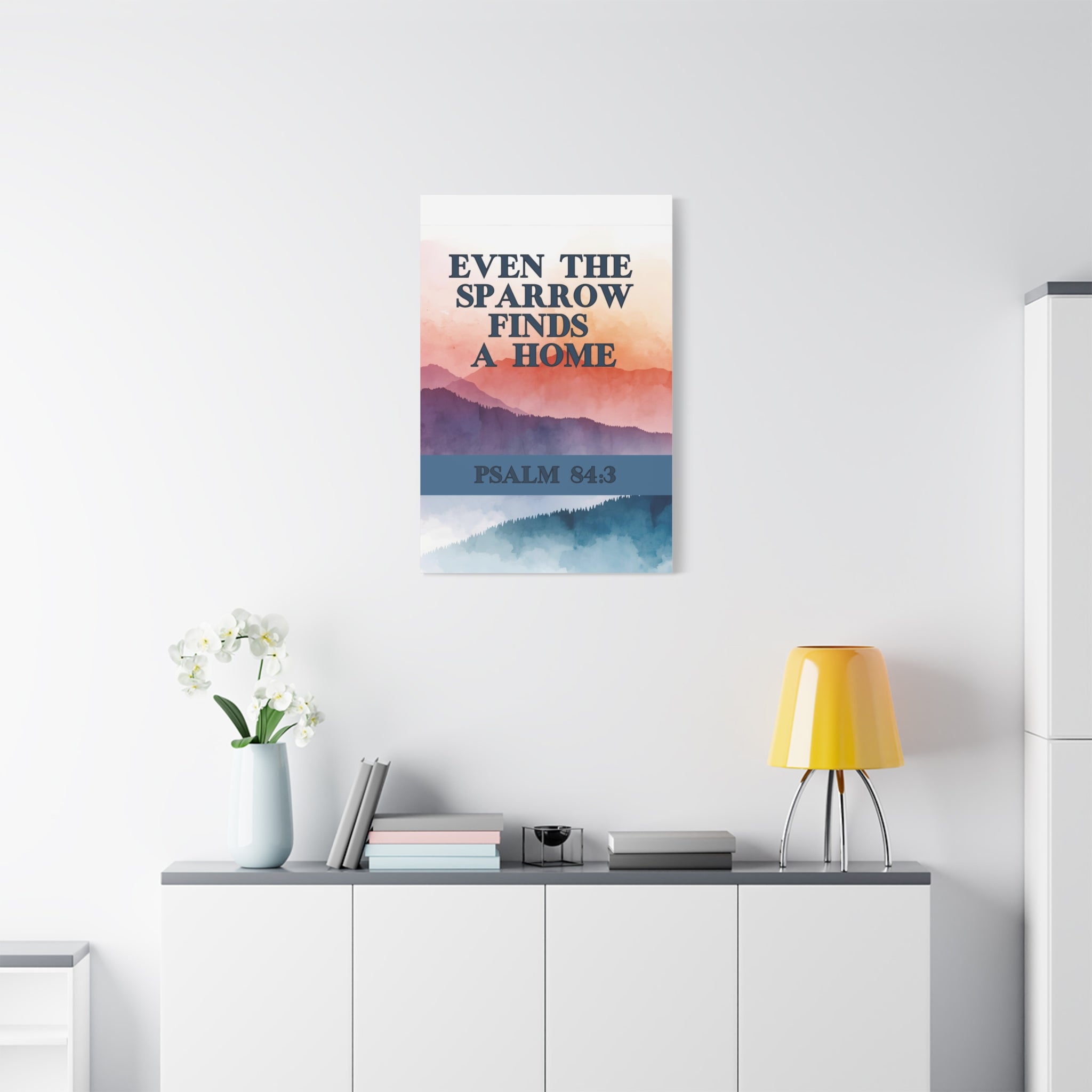 🕊️ Even the Sparrow Wall Art – Psalm 84:3 Sunset Mountain Edition