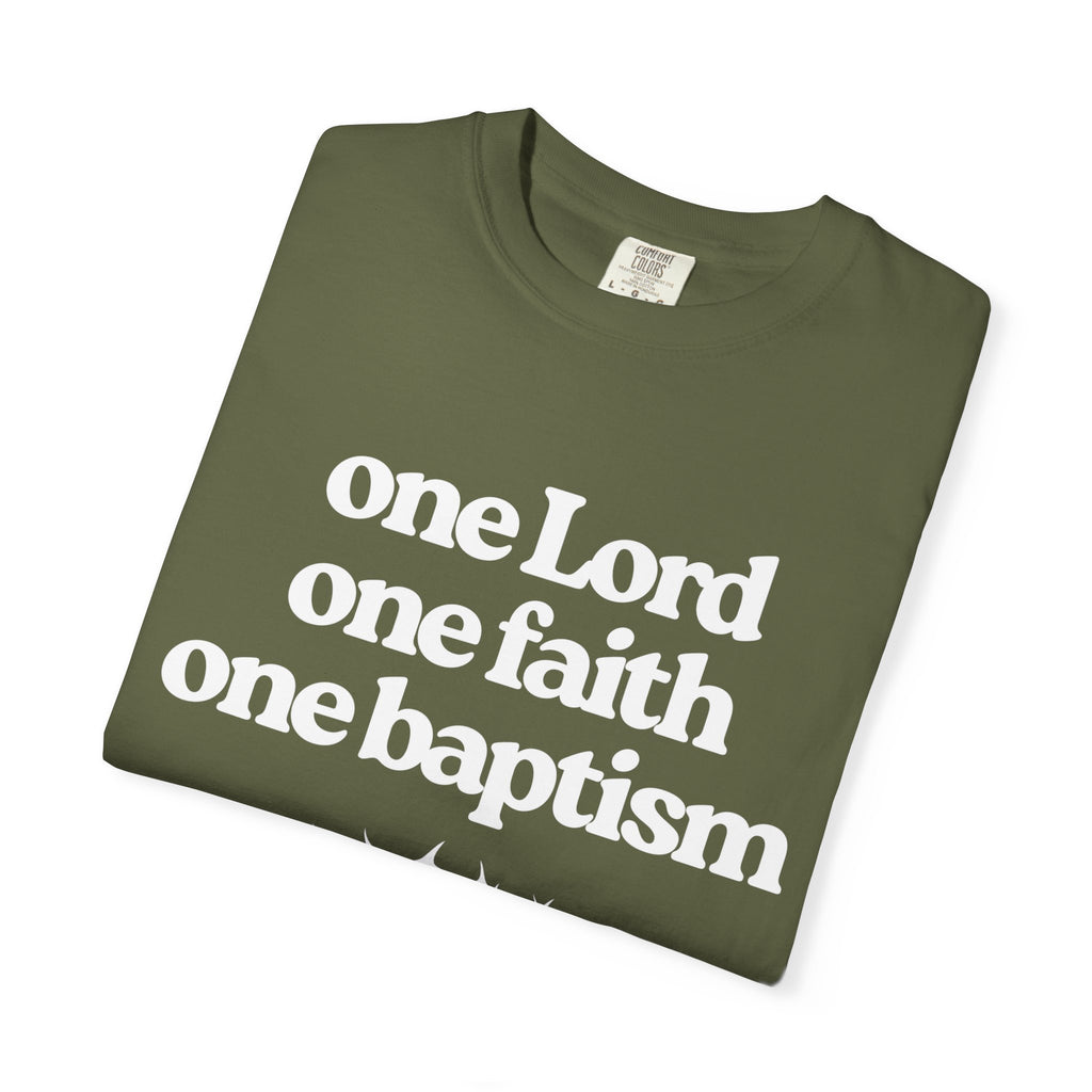 One Lord Unisex Garment-Dyed T-shirt, Christian Tshirts, Christian Merchandise, Gifts for Church, Gifts for Christmas, Gifts for Birthdays, Christian Apparel