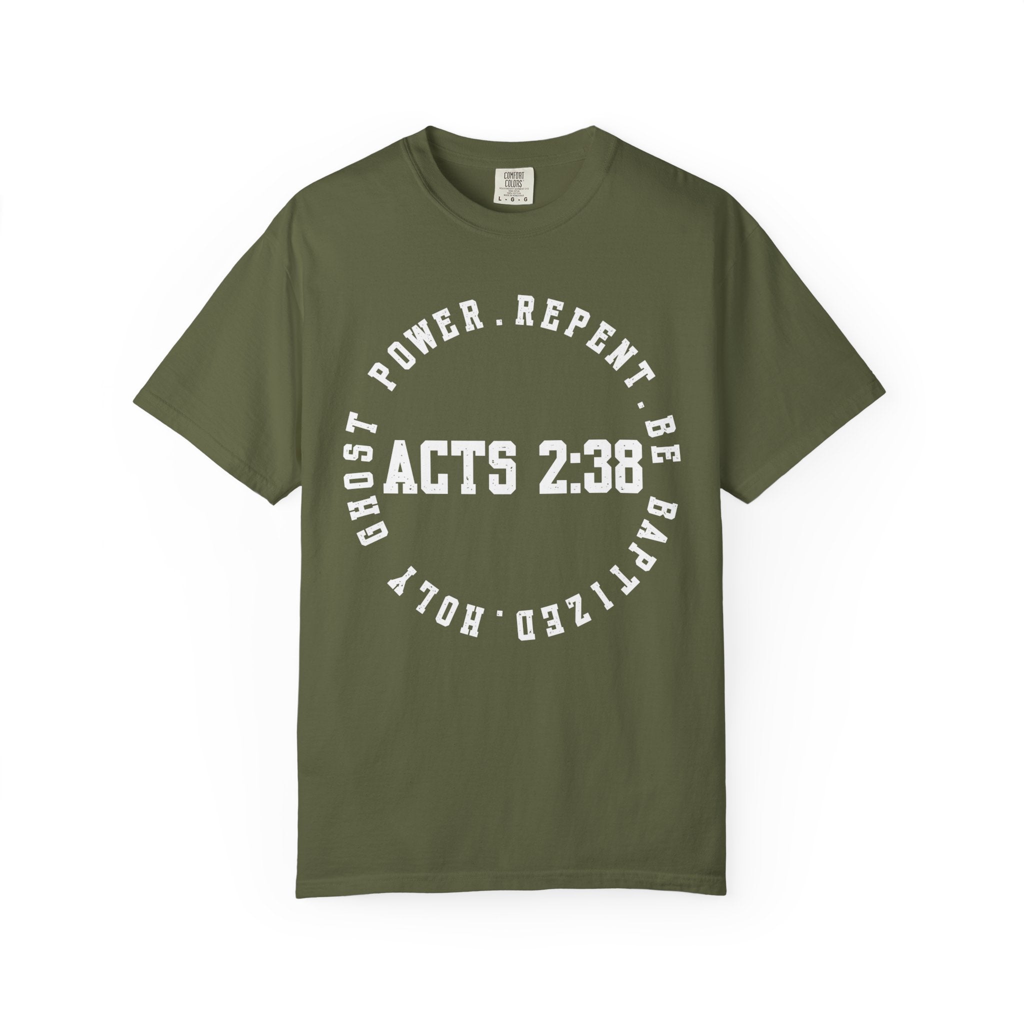 Acts 2:38 Dark Colors Unisex Garment-Dyed T-shirt, Christian Tshirts, Christian Merchandise, Gifts for Church, Gifts for Christmas, Gifts for Birthdays, Christian Apparel