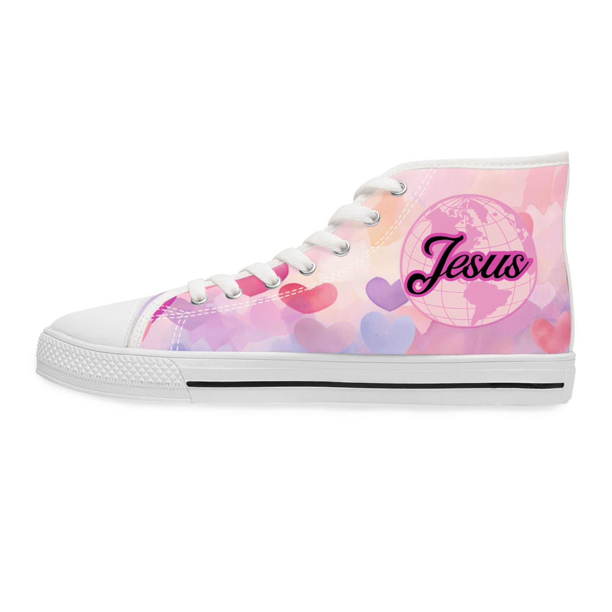 Women's High Top Sneakers — Pink Heart Pattern 'Jesus' Design