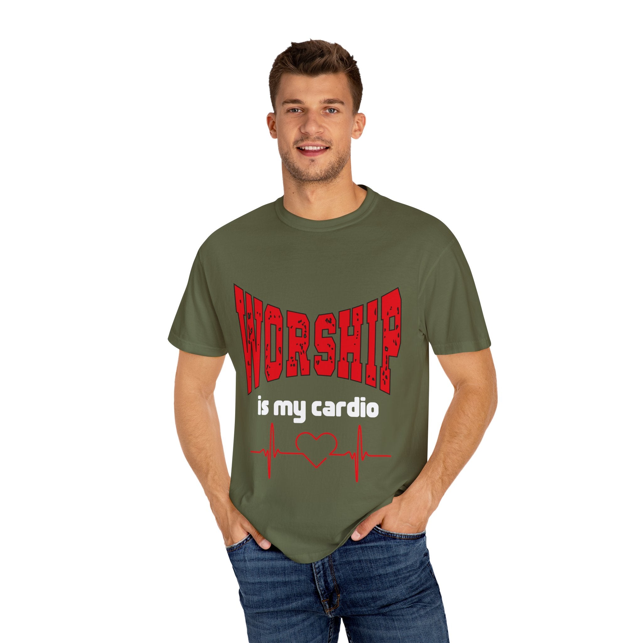 Worship Is My Cardio Dark Colors Unisex Garment-Dyed T-shirt, Christian Tshirts, Christian Merchandise, Gifts for Church, Gifts for Christmas, Gifts for Birthdays, Christian Apparel