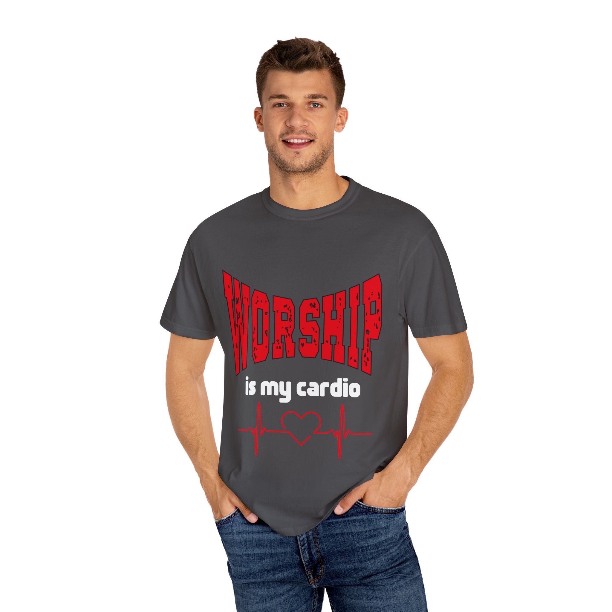 Worship Is My Cardio Dark Colors Unisex Garment-Dyed T-shirt, Christian Tshirts, Christian Merchandise, Gifts for Church, Gifts for Christmas, Gifts for Birthdays, Christian Apparel