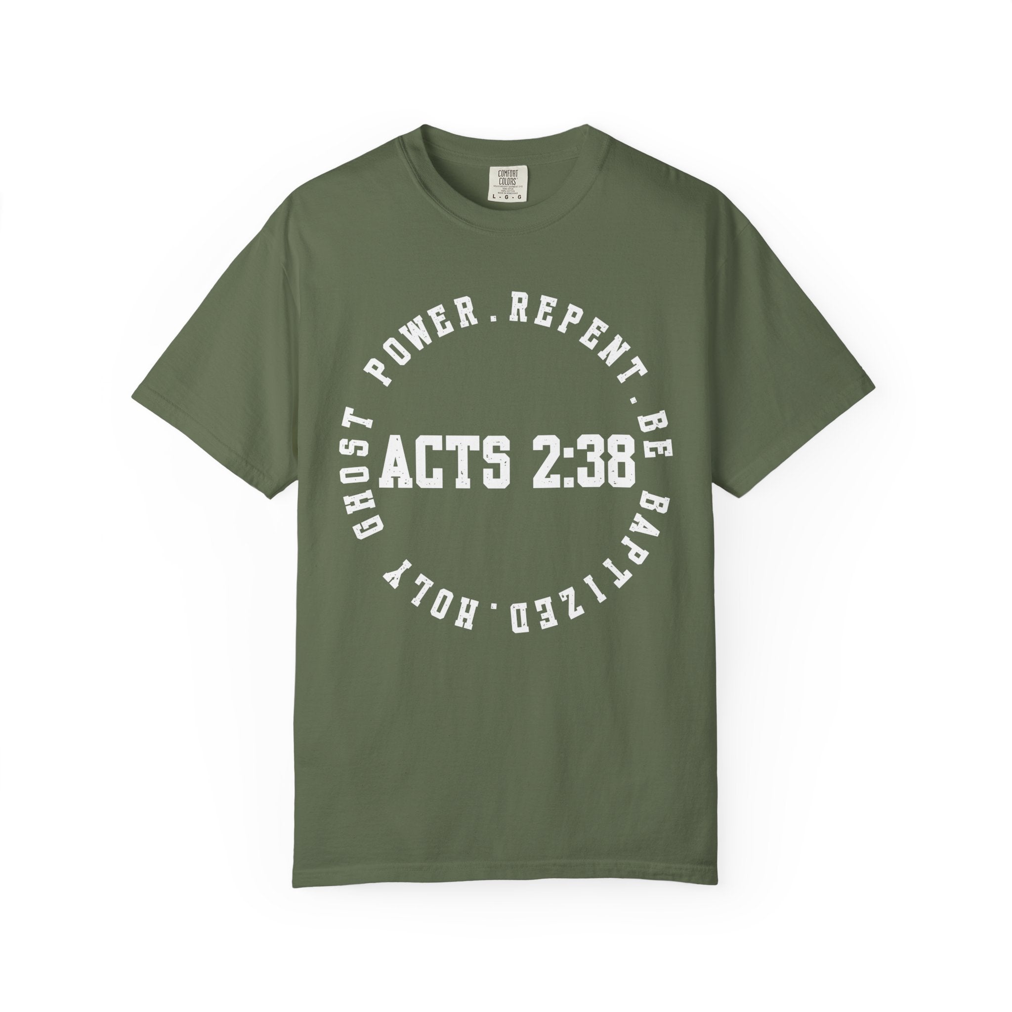 Acts 2:38 Dark Colors Unisex Garment-Dyed T-shirt, Christian Tshirts, Christian Merchandise, Gifts for Church, Gifts for Christmas, Gifts for Birthdays, Christian Apparel